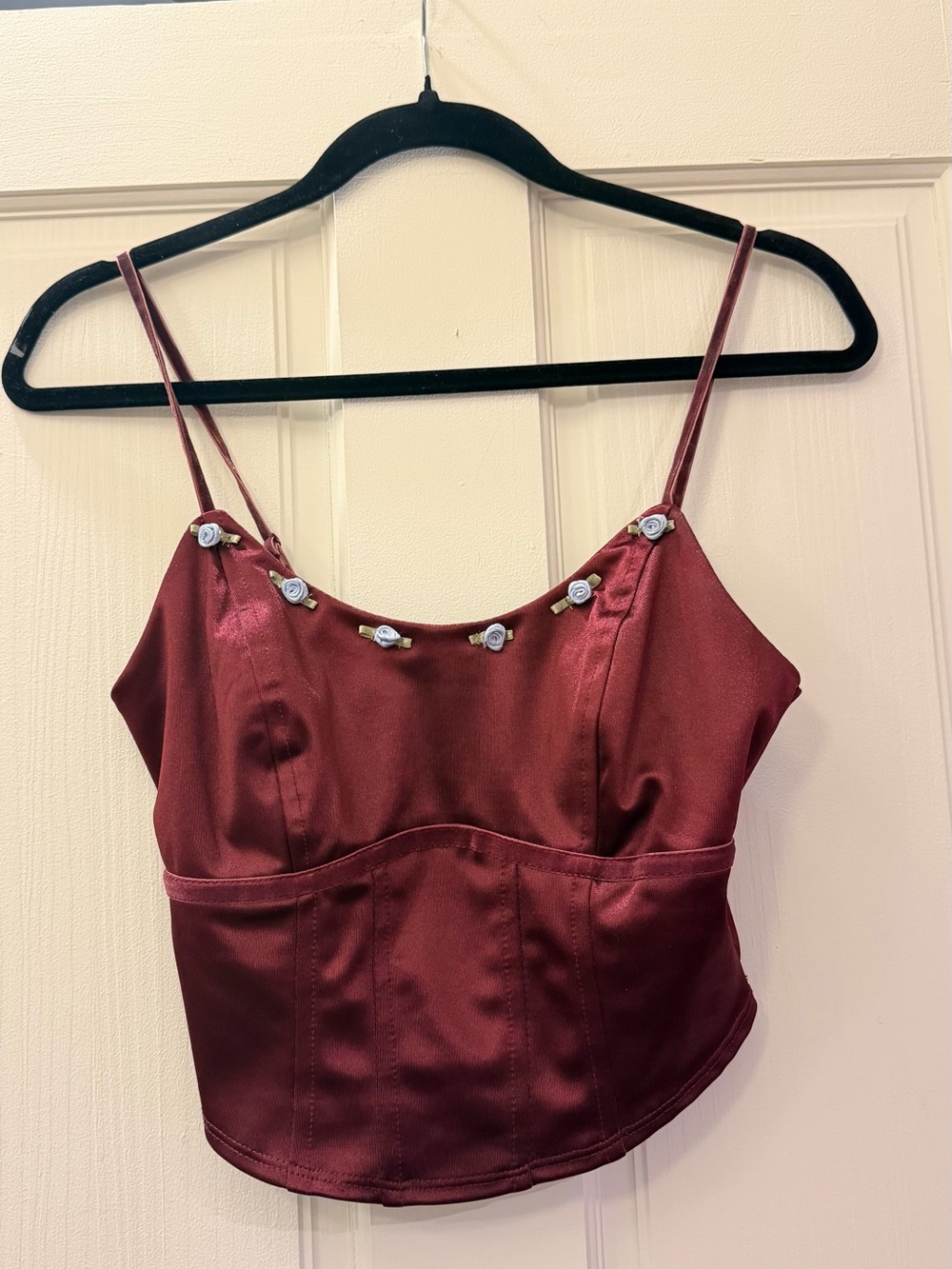 Women's Burgundy Satin Spaghetti-Strap Crop Top